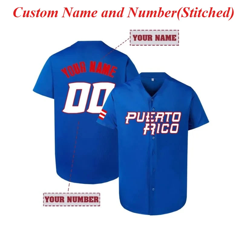 Customized Name And Number Men's Embroidery Baseball Jersey Red V-Neck Personalized Short Sleeve Button Down Shirts Puerto Rico