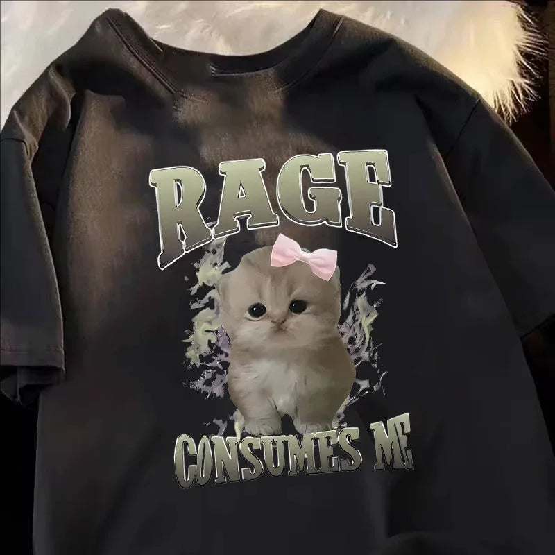 Rage Consumes Me Funny Cat Meme Printed T-shirt Women Fashion Kawaii Casual Loose T-shirts O-Neck Short Sleeve Tee Shirt Unisex