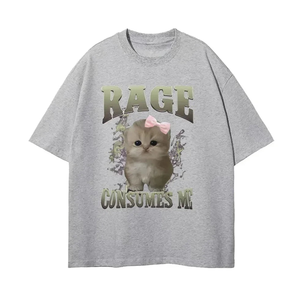 Rage Consumes Me Funny Cat Meme Printed T-shirt Women Fashion Kawaii Casual Loose T-shirts O-Neck Short Sleeve Tee Shirt Unisex
