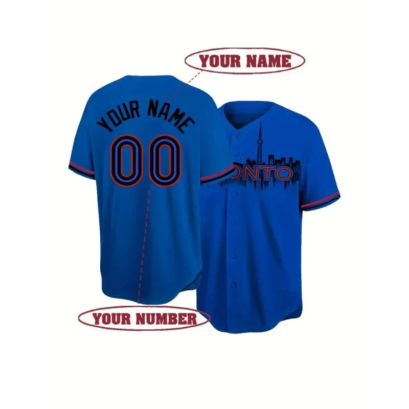 Customized Name And Number Men's Embroidery Baseball Jersey Toronto Blue V-Neck Personalized Short Sleeve Button Down DIY Shirts