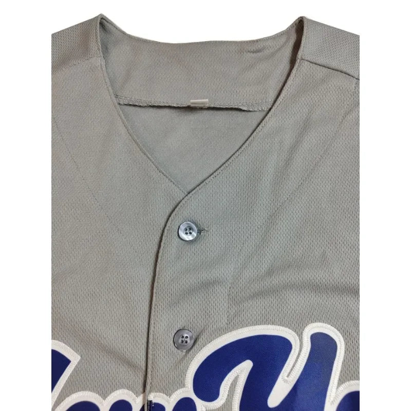 Custom Name and Number Men's Baseball Jersey Grey New York Embroidered Loose Breathable V-Neck Short Sleeve Button Up Sports Top