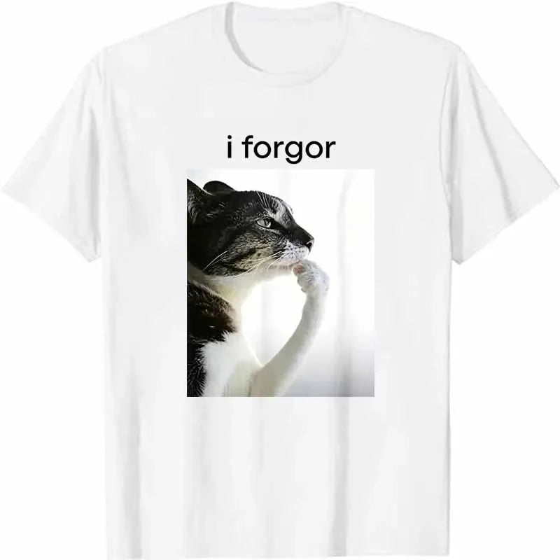I Forgor Cat Graphic Print T-shirts Women's Clothing Summer Casual Fashion Funny Streetwear Tops Crew Neck Short Sleeve T-shirts
