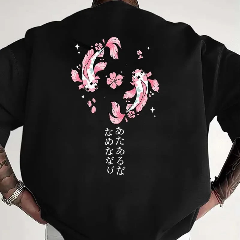 Men's Clothing Pink Koi Fish Print T-shirts Summer Casual Fashion High Street Harajuku Tops Crew Neck Short Sleeve Cotton Tees