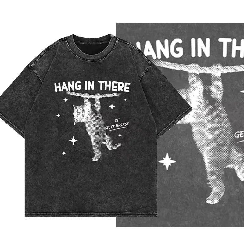 Women's Clothing Funny Cat Print Washed T Shirt Fashion Retro Casual High Street Oversized O-Neck Short Sleeve Washed T-shirts