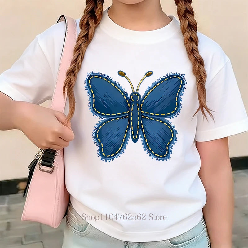 Blue Butterfly Print Children Clothing Girls Summer Casual Fashion Cute Colorful Tops Kids Crew Neck Short Sleeve T-shirts