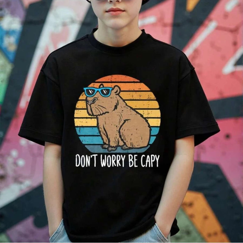 Don't Worry Be Capy Printed Colorful T-shirts for Teenagers and Children Summer Boy and Girl Casual Loose Short Sleeve T-shirt