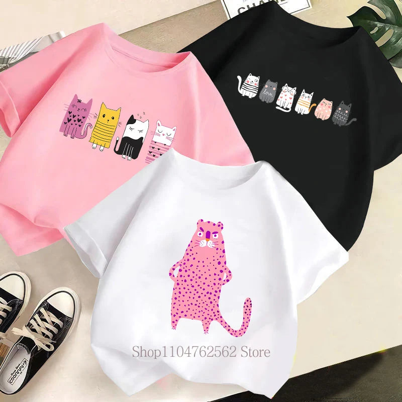 Cute Cat Print Children T-shirts Summer Girls Boys Casual Fashion Kawaii Short Sleeve Tops O-Neck Colorful Kids T-shirts