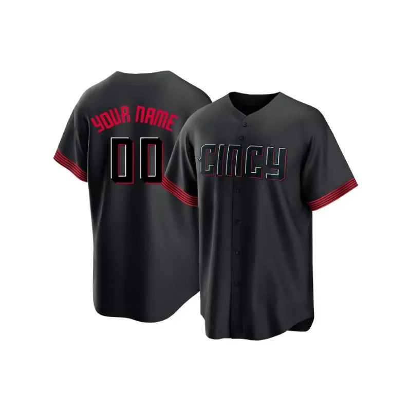Customized Name And Number Men's Embroidery Baseball Jersey Cincinnati Black V-Neck Personalized Short Sleeve Button Down Shirts