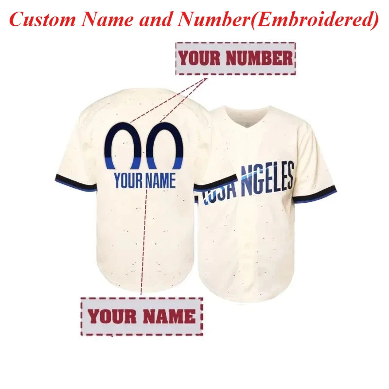 Customized Name And Number Men's Embroidery Baseball Jersey Los Angeles Personalized Short Sleeve Button Down Shirts DIY
