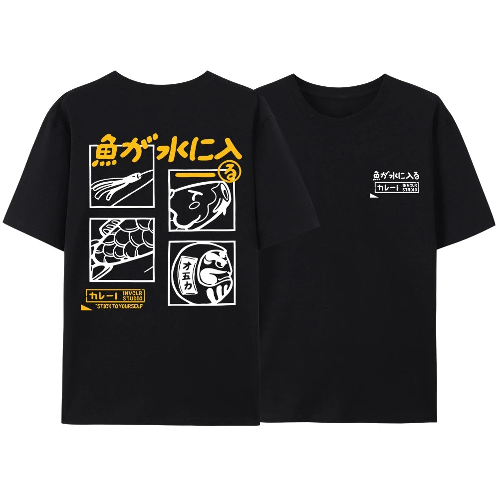 Japanese Retro Fish Printed T-shirt Men Women Summer Funny Casual Oversized Fashion Harajuku O-Neck Short Sleeved Tops T-shirt