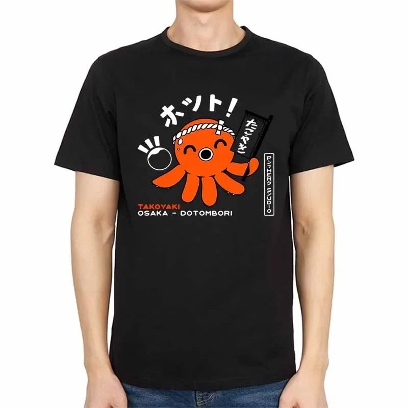 Japanese Style Octopus Print T-shirt Summer Casual Fashion Vintage Harajuku Streetwear Tops Crew Neck Short Sleeve Cotton Tees