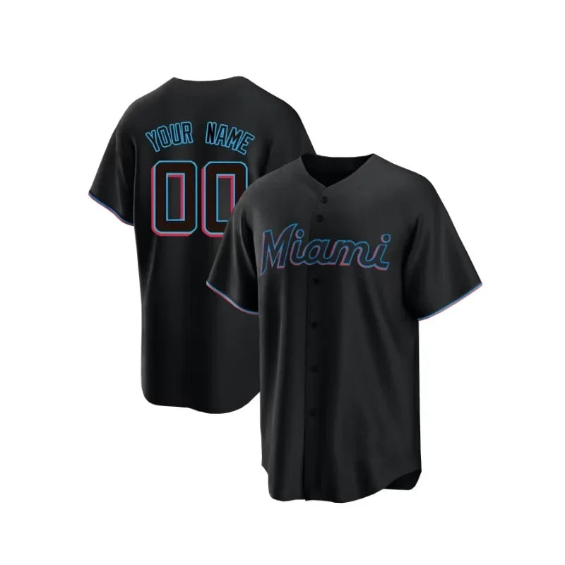 Customized Name And Number Men's Embroidery Baseball Jersey Miami Black V-Neck Personalized Short Sleeve Button Down DIY Shirts