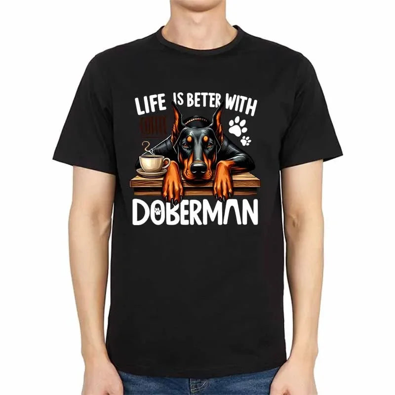 Coffee Doberman Print T-shirts for Men Summer Casual Fashion Funny Streetwear Cotton Tops Crew Neck Short Sleeve T-shirts