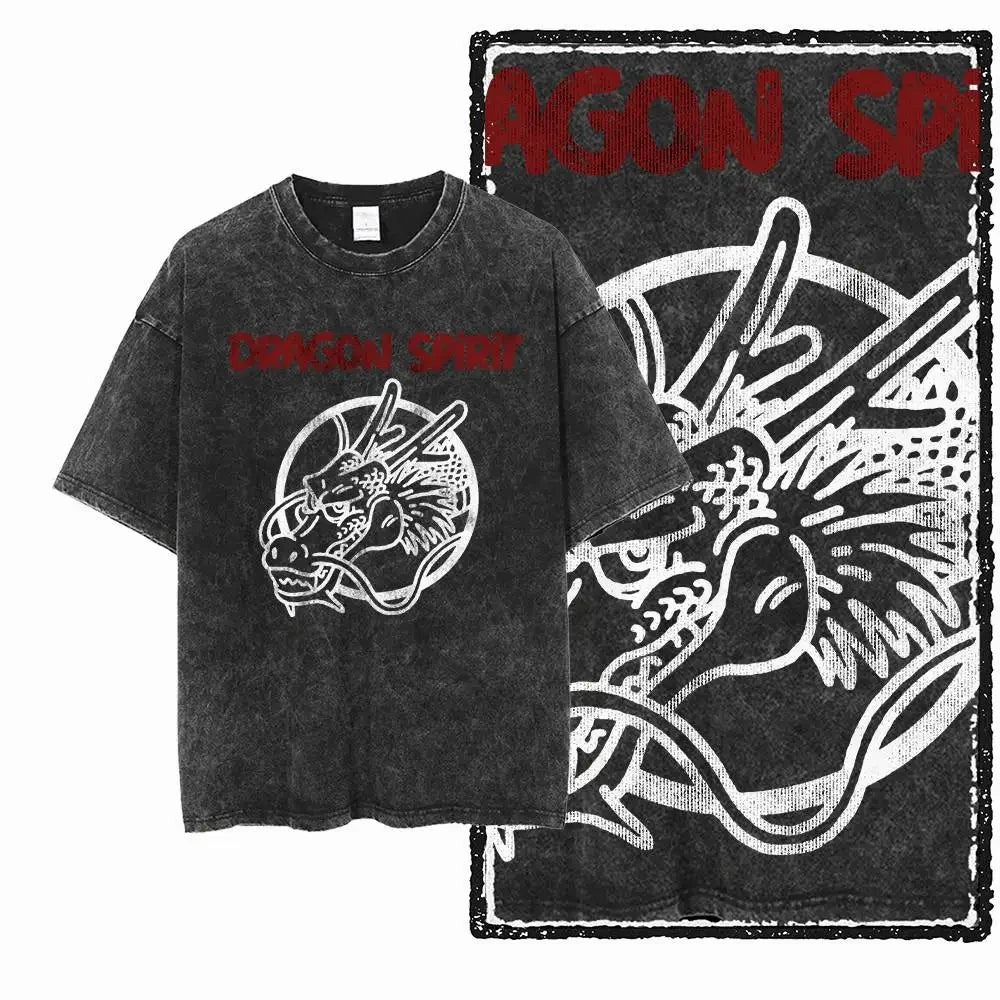 Retro Dragon Print Washed T-shirts Summer Men's Clothing Casual Fashion High Street Y2K Tops Crew Neck Short Sleeve T-shirts