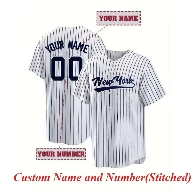 Customized Name and Number Men's Embroidery Baseball Jersey New York White And Black Stripes Personalized Short Sleeve Shirts