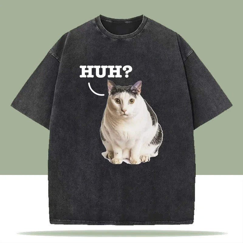 Retro Cat Graphic Print Washed T-shirts Summer Women Men Casual Fashion Streetwear Trend Washed Tops O-Neck Short Sleeve Tees
