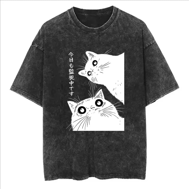Funny Black Cat Reading Graphic Print Washed T-Shirt Summer Women's Clothing Casual Vintage Fashion O-Neck Short Sleeve T-shirt