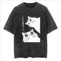 Funny Black Cat Reading Graphic Print Washed T-Shirt Summer Women's Clothing Casual Vintage Fashion O-Neck Short Sleeve T-shirt