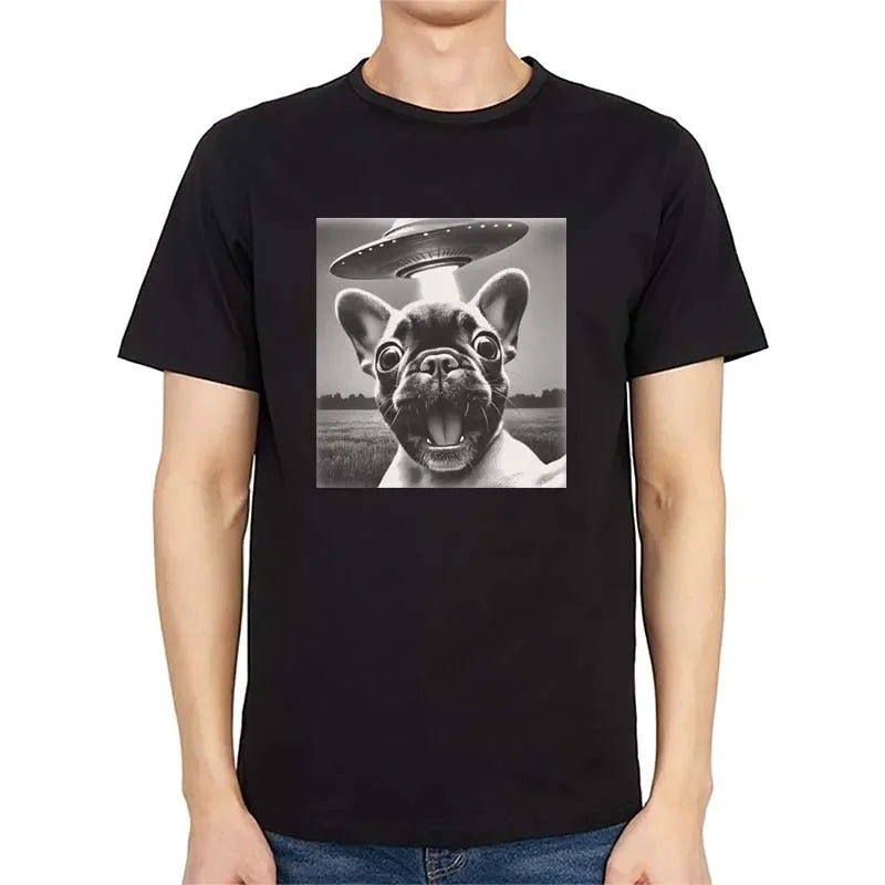 UFO Dog Graphic Print T-shirts Men Women Summer Casual Fashion Funny High Street Tops Crew Neck Short Sleeve Cotton Tees