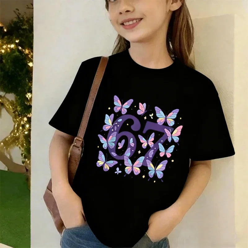 Butterfly Six Seven Print Children T-shirts Summer Girls Casual Fashion Funny Tops Kids Colorful Crew Neck Short Sleeve Tees