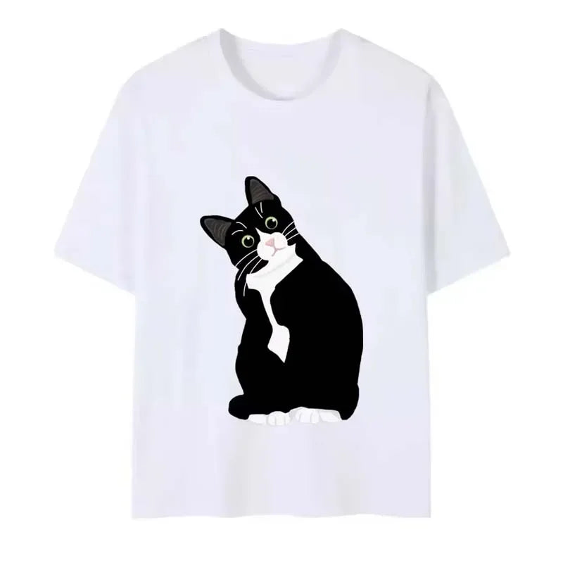 Cute Funny Cat Print T-shirts for Women Summer Casual Fashion Harajuku Korean Style Tops Crew Neck Short Sleeve Cotton Tees