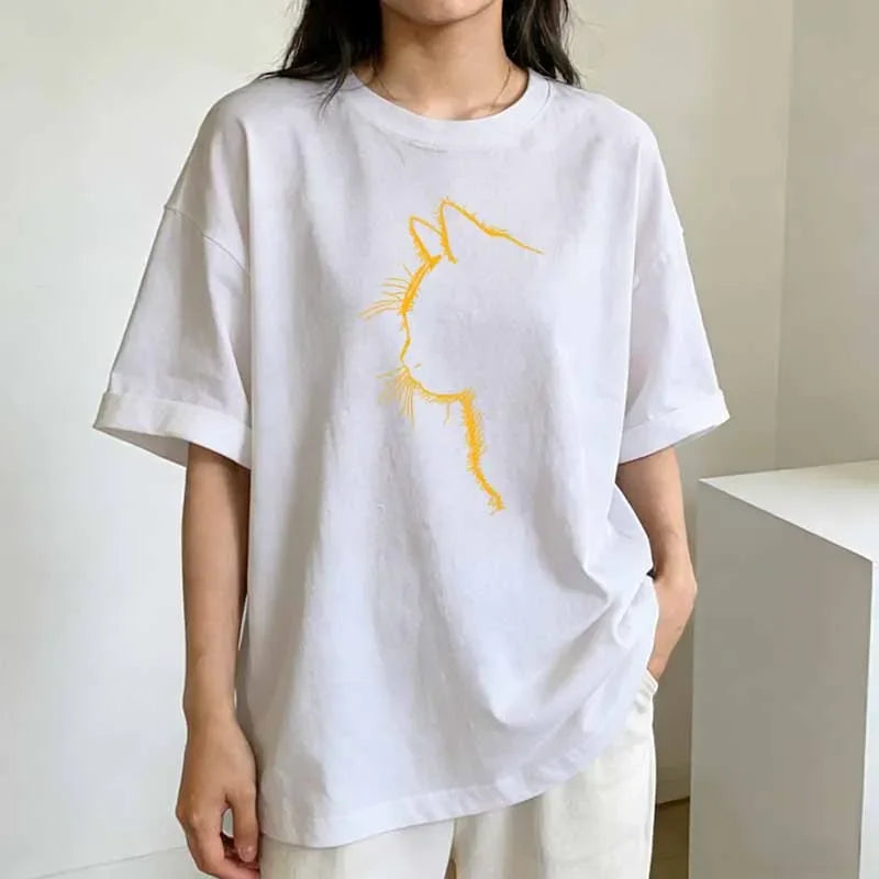Orange Line Cat Print T-shirts Summer Women Men Casual Fashion Funny Streetwear Harajuku Tops Crew Neck Short Sleeve Cotton Tees