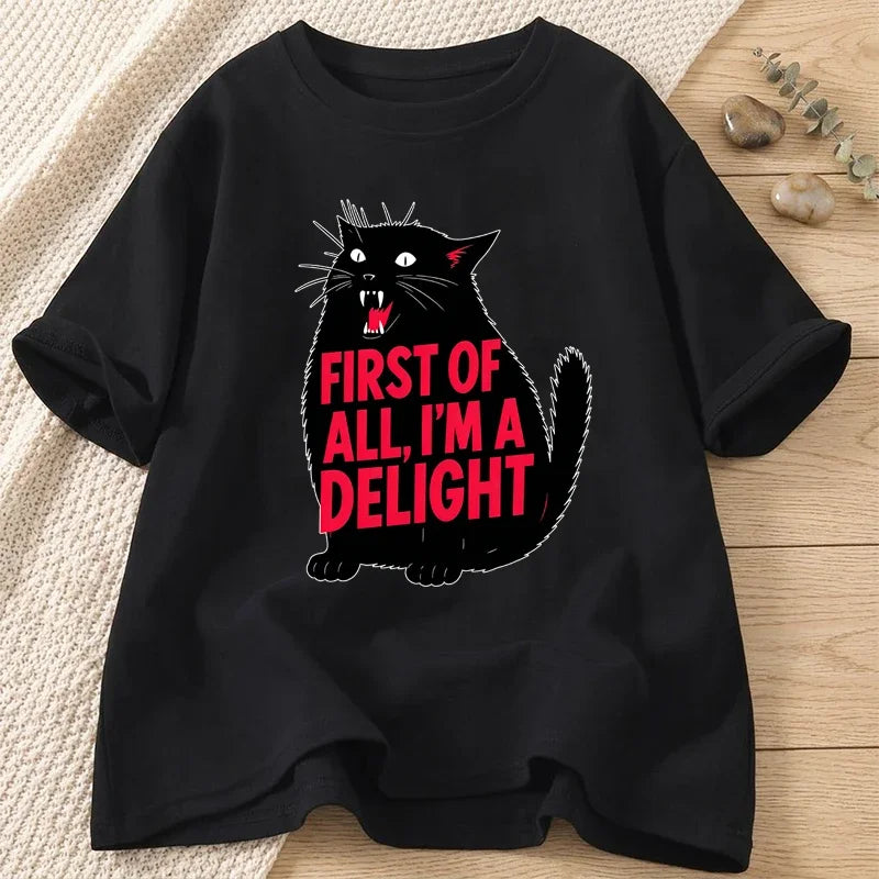 First of All I'm A Delight Funny Cat T Shirt for Women Summer Casual Fashion Streetwear Tops Crew Neck Short Sleeve T-shirts