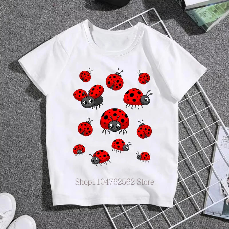 Cartoon Ladybug Print Children T-shirts Summer Casual Fashion Girls Boys Funny Tops Colorful Kids O-Neck Short Sleeve Tees