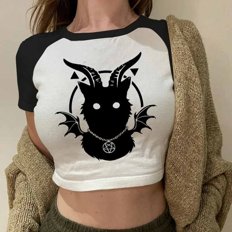 Gothic Graphic Print Crop Tops T-shirt Women Clothing Summer Casual Fashion Vintage Y2K Crew Neck Short Sleeve Crop Top T-shirt