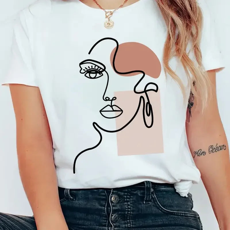 Women's Face Printed Simple Line Pattern T-shirt Women Casual Loose Comfortable Clothes Fashion O-Neck Short Sleeve Tops T-shirt