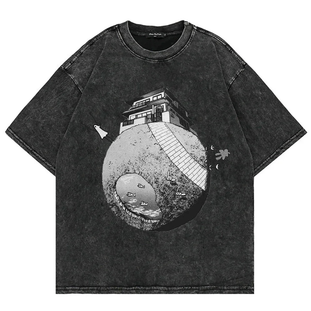 Goodnight Punpun Graphic Print Washed T Shirt for Men Women Clothing Summer Retro Fashion Casual O-Neck Short Sleeve Tees