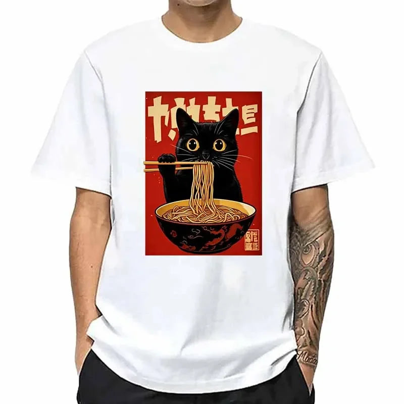 Funny Cat Eat Ramen Print T-shirt for Men Summer Casual Fashion Harajuku Japan Style Tops Cotton O-Neck Short Sleeve Tees