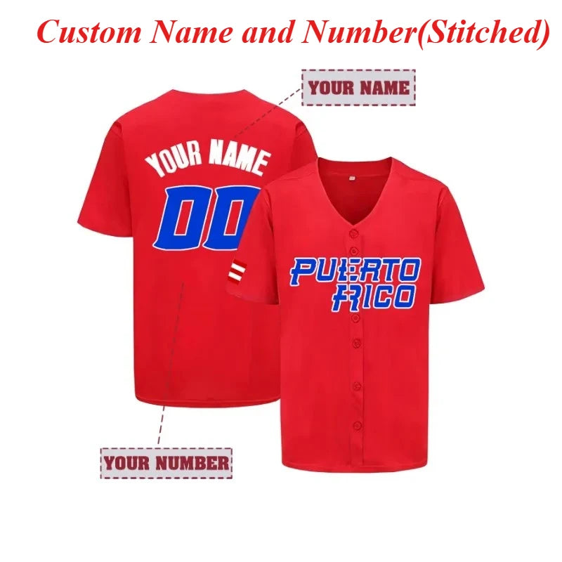 Customized Name And Number Men's Embroidery Baseball Jersey Blue V-Neck Personalized Short Sleeve Button Down Shirts Puerto Rico