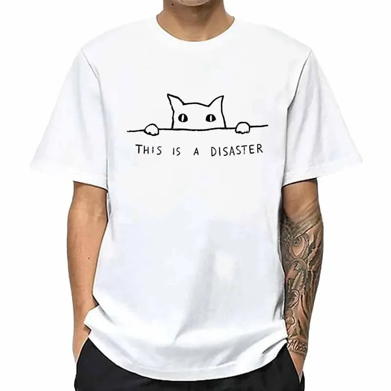 This Is a Disaster Funny Cat Print T-shirts Summer Men's Clothing Casual Fashion Minimalist Cotton Tops O-Neck Short Sleeve Tees