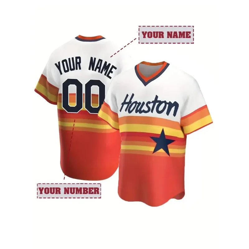 Customized Name And Number Men's Embroidery Baseball Jersey Houston Rainbow V-Neck Personalized Short Sleeve Button Down Shirts