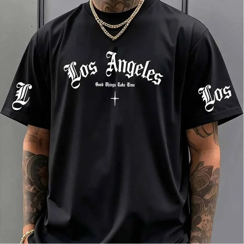 Los Angel Print T-shirts Summer Men American Style Vintage Casual Fashion High Street Tops Crew Neck Short Sleeve Cotton Tees