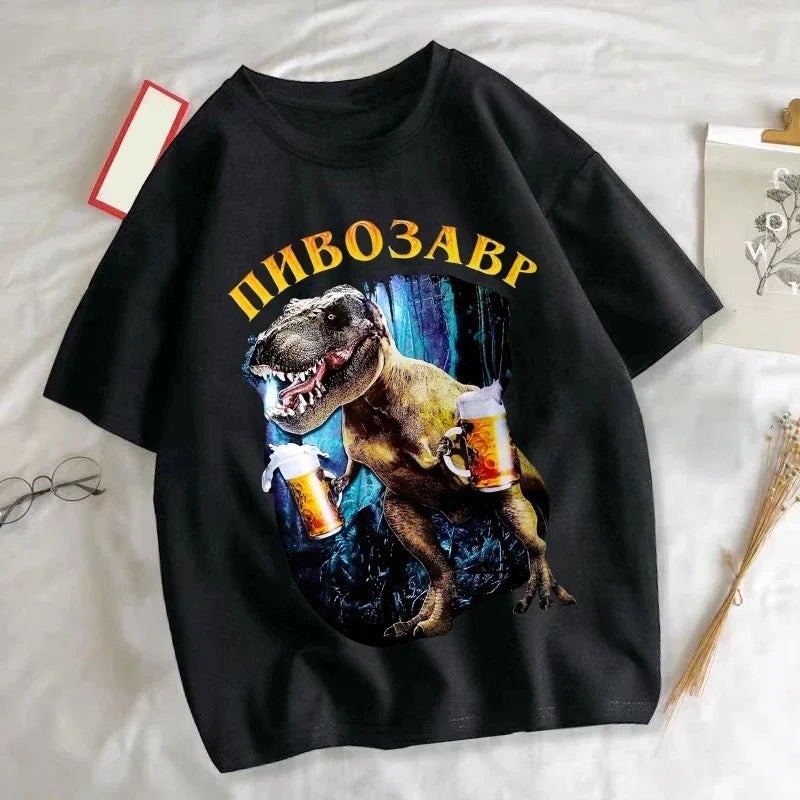 Women's Clothing Dinosaur With Beer Graphic T-Shirts Harajuku Animal Print T-shirt Casual Fashion Short Sleeve O-Neck T-shirts