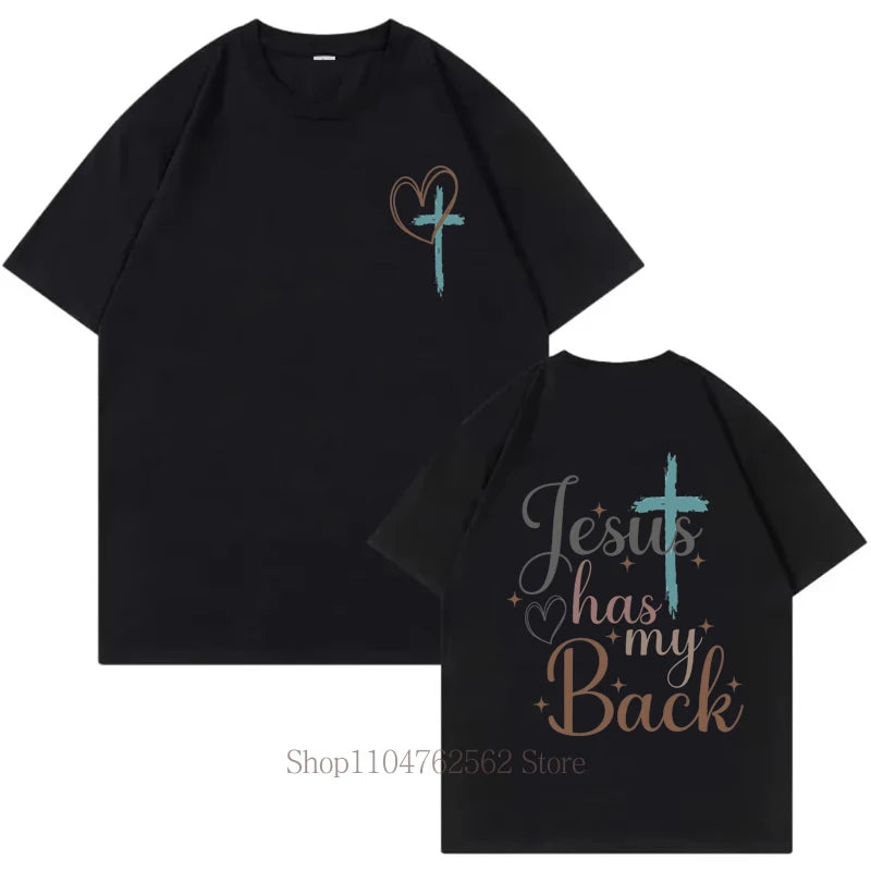 Jesus Has My Back Graphic Print T-shirts Women's Clothing Summer Casual Fashion Harajuku Tops O-Neck Short Sleeve T-shirts