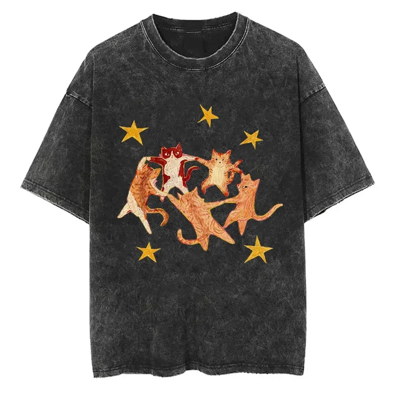 Women Dance Cats Retro Graphic Print Washed T-shirts Summer Fashion Streetwear Hip Hop Casual Tops O-Neck Short Sleeve T-shirts
