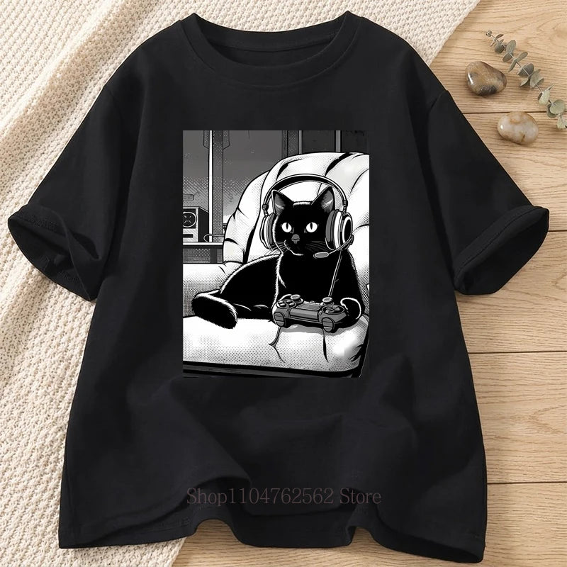 Black Cat Graphic Print Men T-shits Summer Men Women Casual Fashion Funny Streetwear Y2K Tops Crew Neck Short Sleeve T-shirts