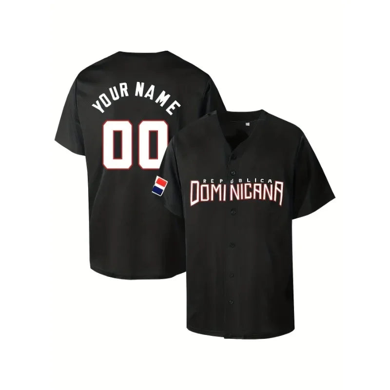 Customized Name And Number Men's Embroidery Baseball Jersey Dominica Black V-Neck Personalized Short Sleeve Button Down Shirts