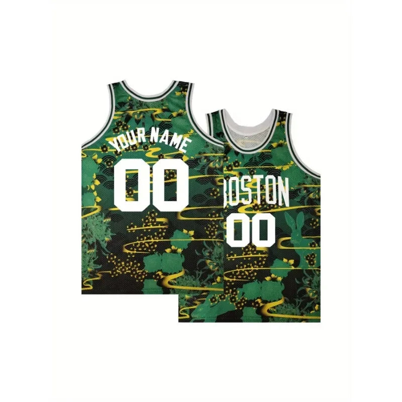 Customize Men's Sleeveless Basketball Jersey with Rabbit and Plants Pattern Personalized Name and Number Boston DIY Tank Tops