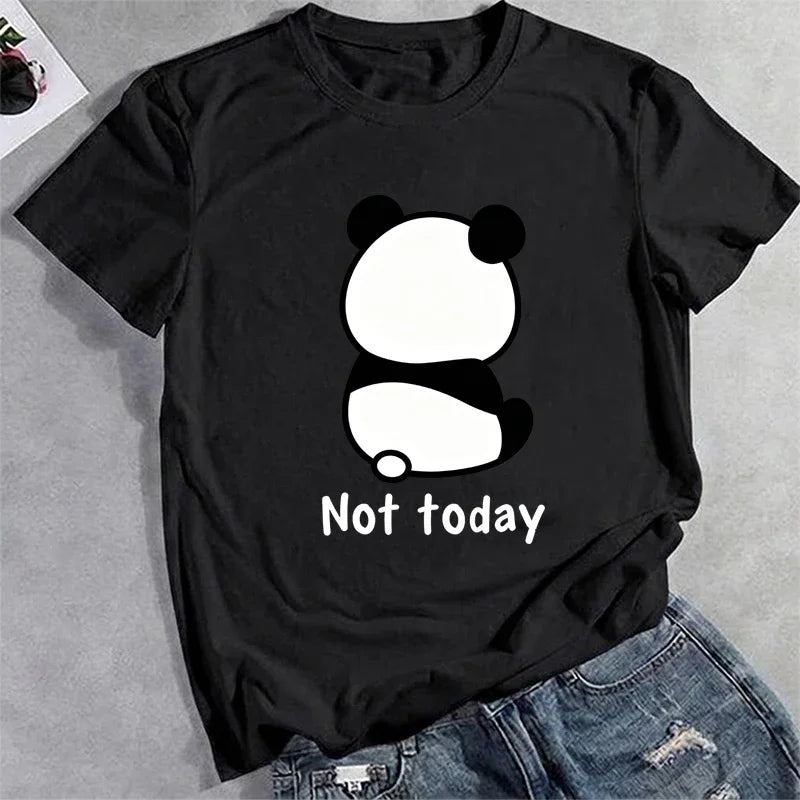 Women's Clothing Cute Panda Not Today Print T-Shirts Summer Casual Fashion Cotton Tops Harajuku Crew Neck Short Sleeve T-shirts
