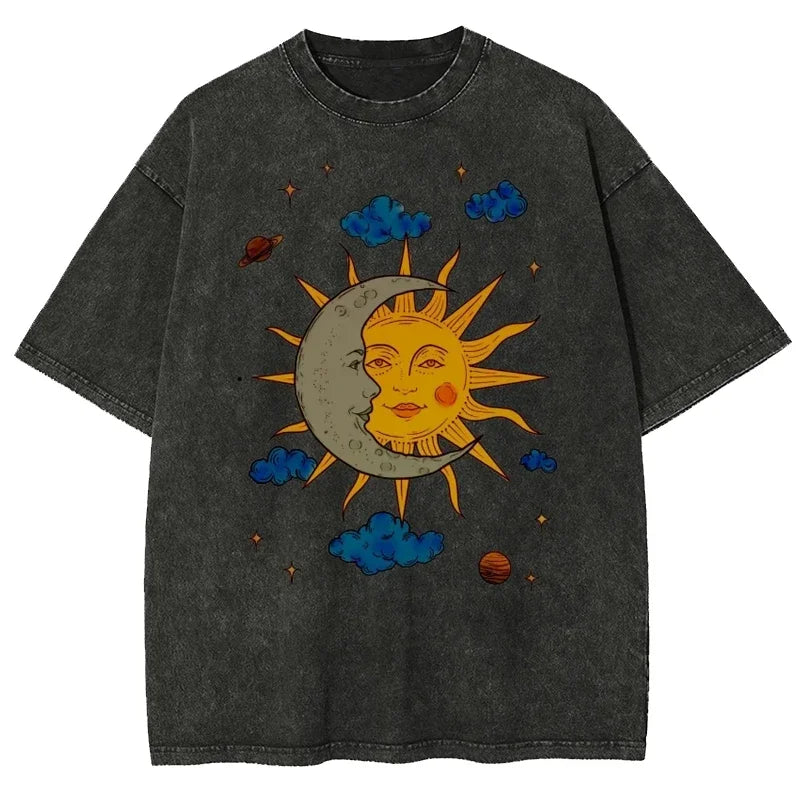 Women's Clothing Moon Sun Printed Washed T-shirt Summer Vintage Fashion Casual Tops O-Neck Short Sleeved Washed T-shirts