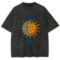 Women's Clothing Moon Sun Printed Washed T-shirt Summer Vintage Fashion Casual Tops O-Neck Short Sleeved Washed T-shirts