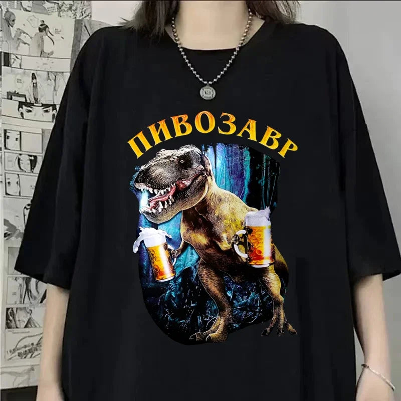Women's Clothing Dinosaur With Beer Graphic T-Shirts Harajuku Animal Print T-shirt Casual Fashion Short Sleeve O-Neck T-shirts
