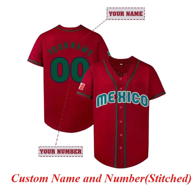 Customized Name&Number Men's Embroidery MEXICO Design Short Sleeve Loose Breathable Baseball Jersey Sports Shirt  Men Clothing