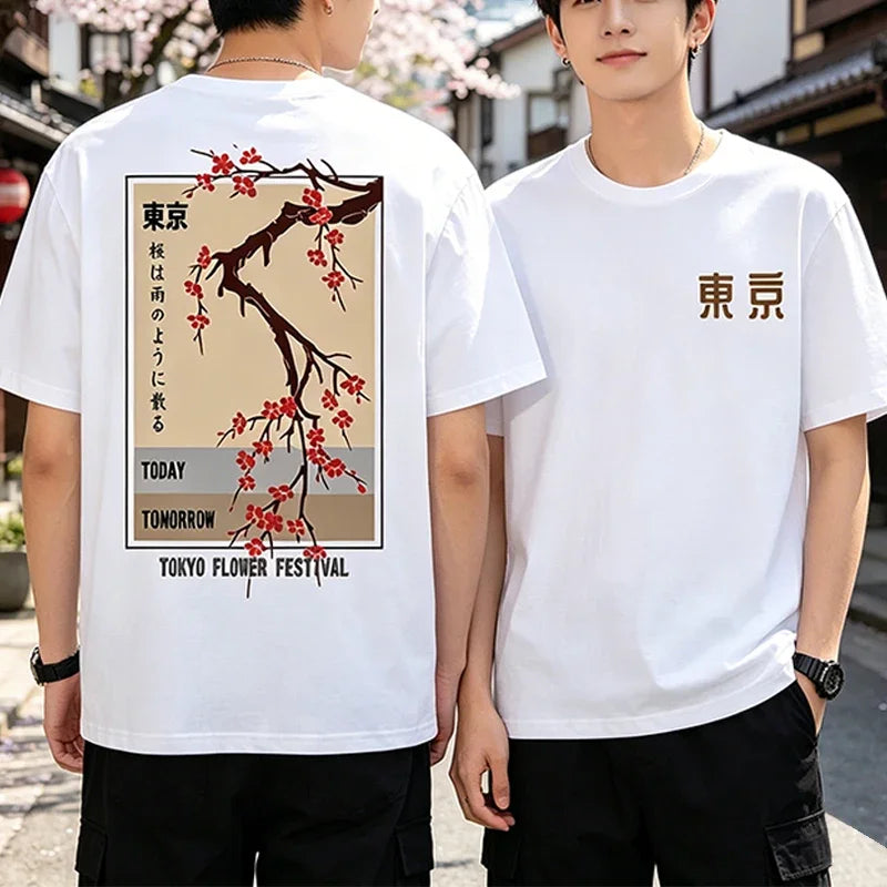Japanese Style Flower Festival T-Shirt for Men Women Casual Fashion Harajuku Tops Loose Crew Neck Short Sleeve Cotton Tees