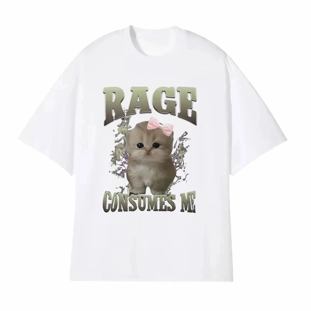 Rage Consumes Me Funny Cat Meme Printed T-shirt Women Fashion Kawaii Casual Loose T-shirts O-Neck Short Sleeve Tee Shirt Unisex