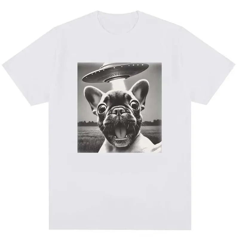 UFO Dog Graphic Print T-shirts Men Women Summer Casual Fashion Funny High Street Tops Crew Neck Short Sleeve Cotton Tees